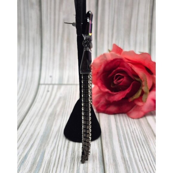 DKNY Gun Metal Crystal Chain Tassel Dangle Earrings Purple Iridescent 3.5" Prom - Picture 4 of 7